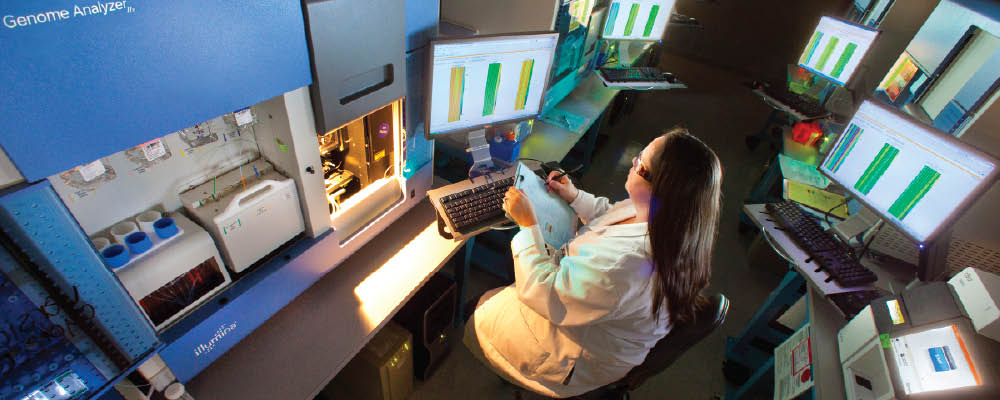 jgi-genome-sequencers-thumb.jpg The Illumina sequencing platform, as well as other "next gen" sequencing technologies have afforded the DOE Joint Genome Institute dramatic increases in productivity with diminished costs.